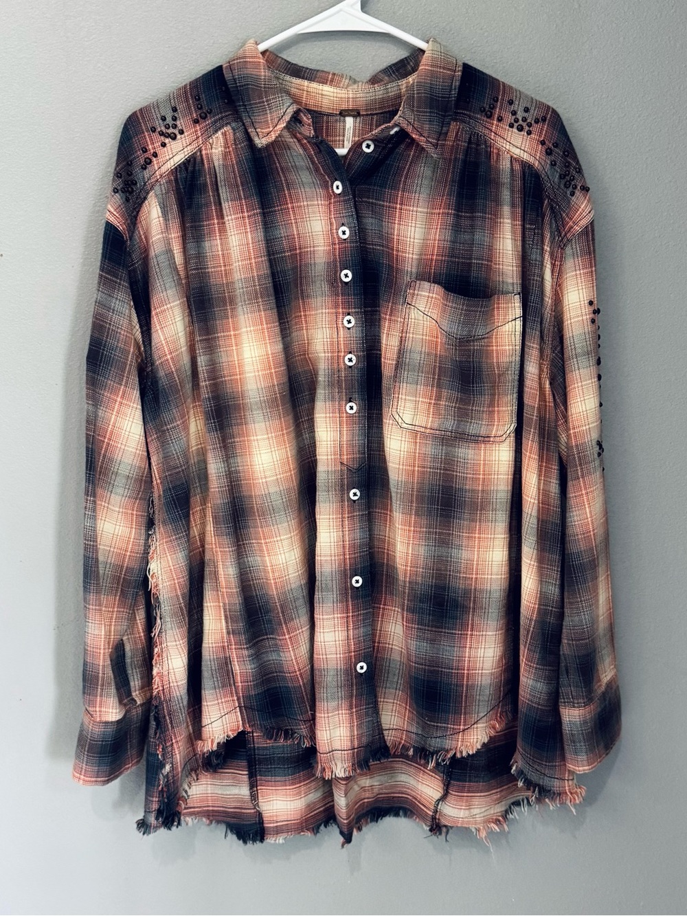 Free People Plaid Button-Up Shirt Jacket in Peach, Black & Cream